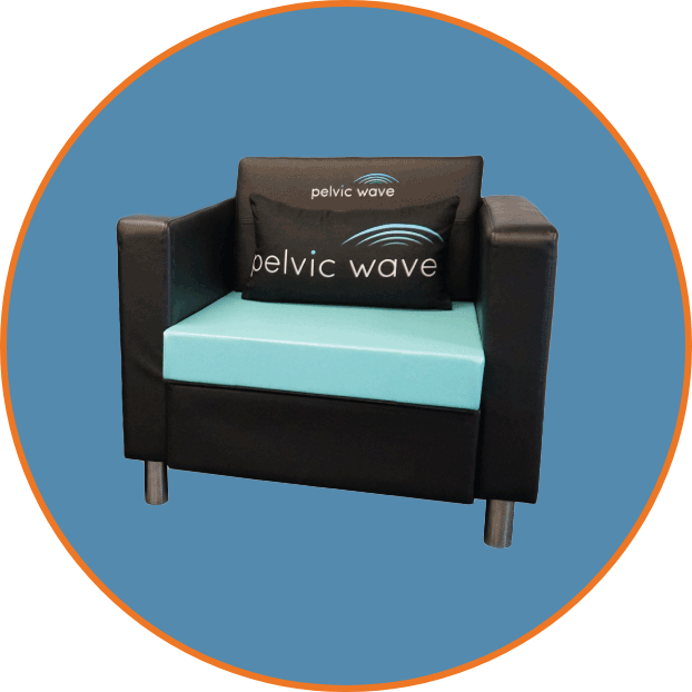 A black armchair with a turquoise seat cushion and "pelvic wave" logo on pillow. Set against a blue background with an orange border.
